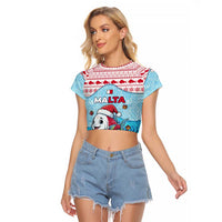 Malta Christmas Raglan Cropped T Shirt with Santa Fish Malta Flag Coral Reef and Red Blue Festive Pattern Design - Wonder Print Shop
