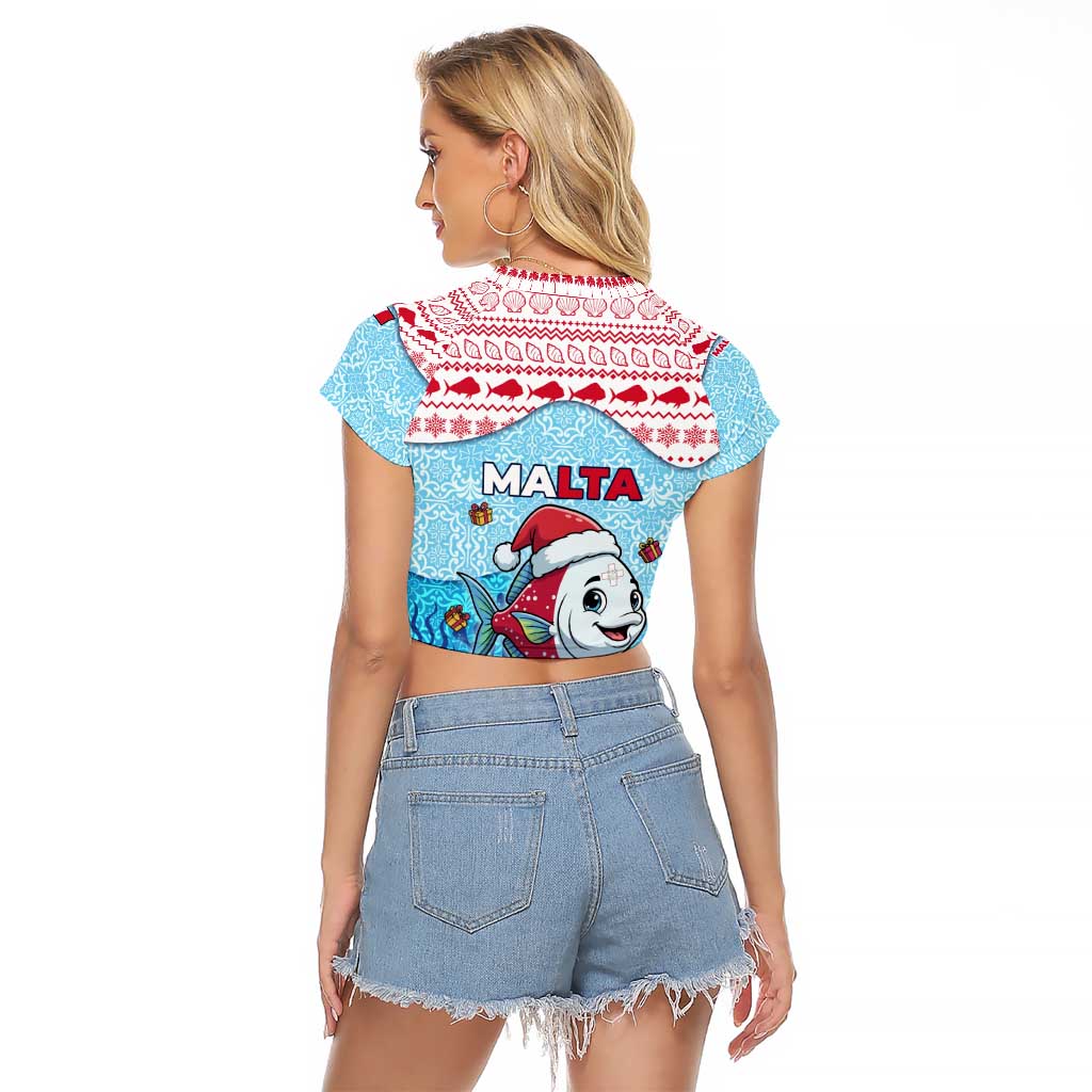 Malta Christmas Raglan Cropped T Shirt with Santa Fish Malta Flag Coral Reef and Red Blue Festive Pattern Design - Wonder Print Shop