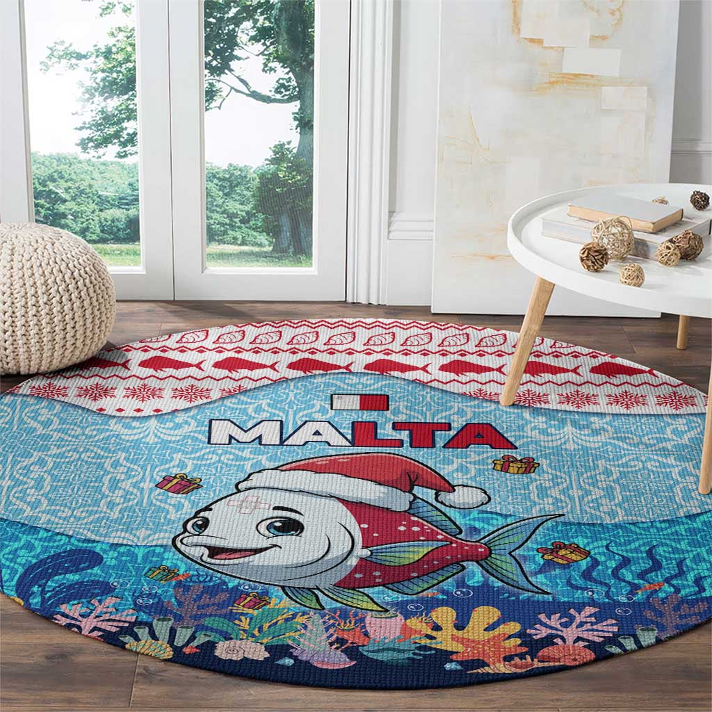 Malta Christmas Round Carpet with Santa Fish Malta Flag Coral Reef and Red Blue Festive Pattern Design - Wonder Print Shop