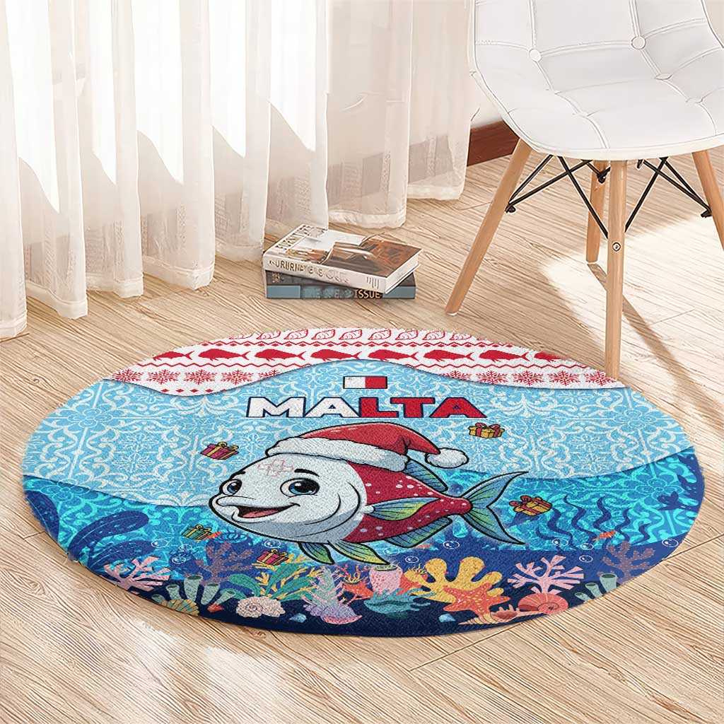 Malta Christmas Round Carpet with Santa Fish Malta Flag Coral Reef and Red Blue Festive Pattern Design - Wonder Print Shop