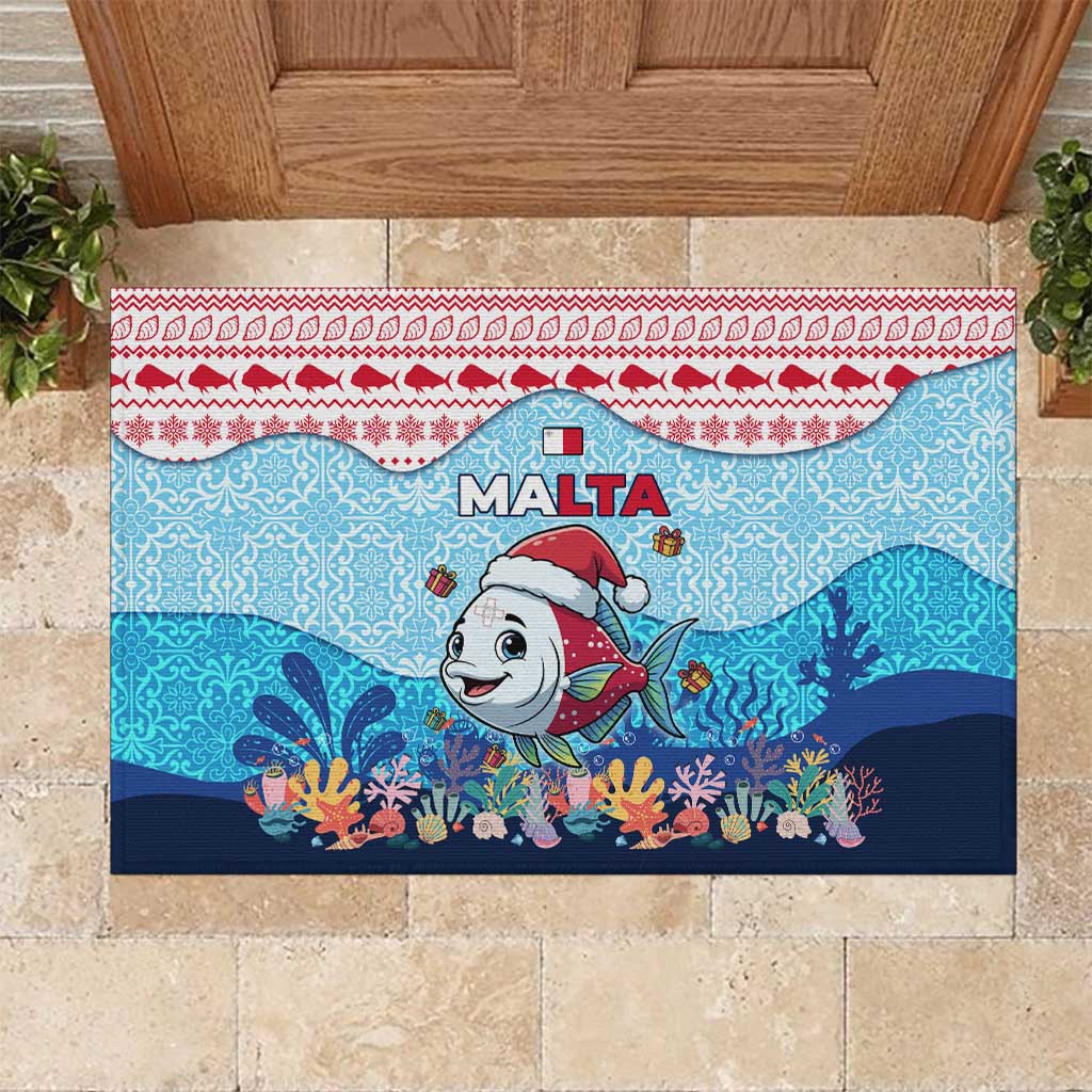 Malta Christmas Rubber Doormat with Santa Fish Malta Flag Coral Reef and Red Blue Festive Pattern Design - Wonder Print Shop