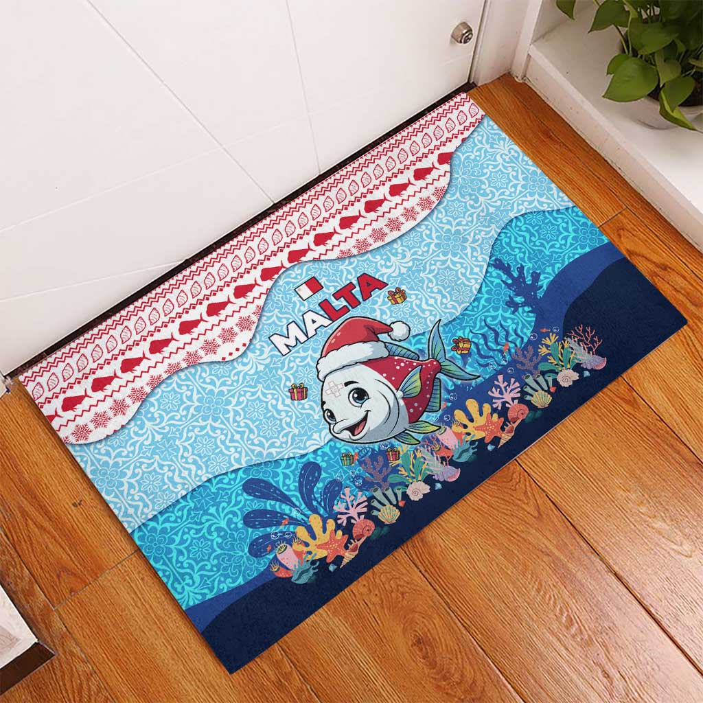 Malta Christmas Rubber Doormat with Santa Fish Malta Flag Coral Reef and Red Blue Festive Pattern Design - Wonder Print Shop
