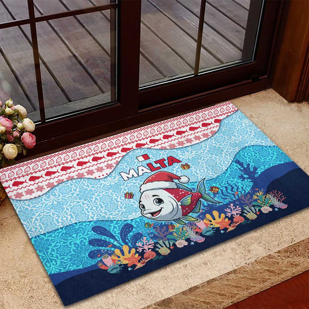 Malta Christmas Rubber Doormat with Santa Fish Malta Flag Coral Reef and Red Blue Festive Pattern Design - Wonder Print Shop