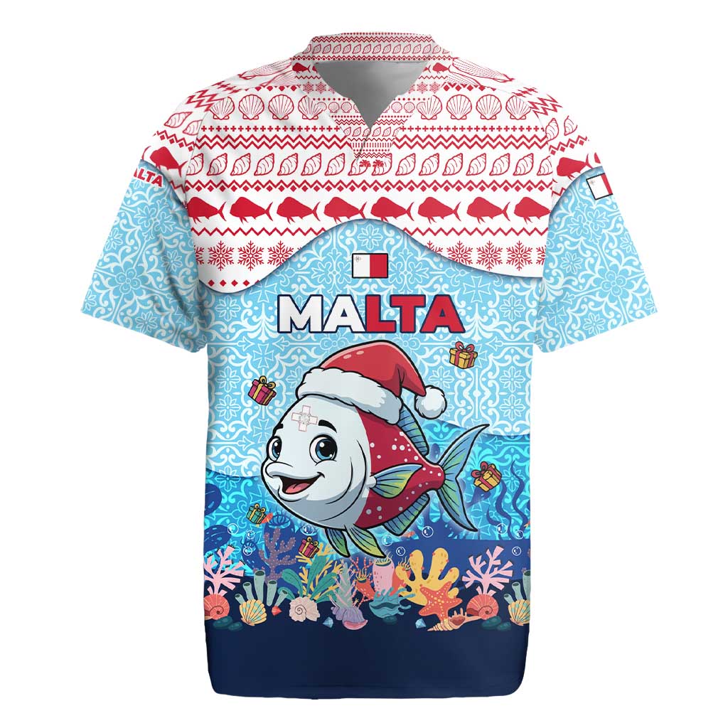 Malta Christmas Rugby Jersey with Santa Fish Malta Flag Coral Reef and Red Blue Festive Pattern Design - Wonder Print Shop