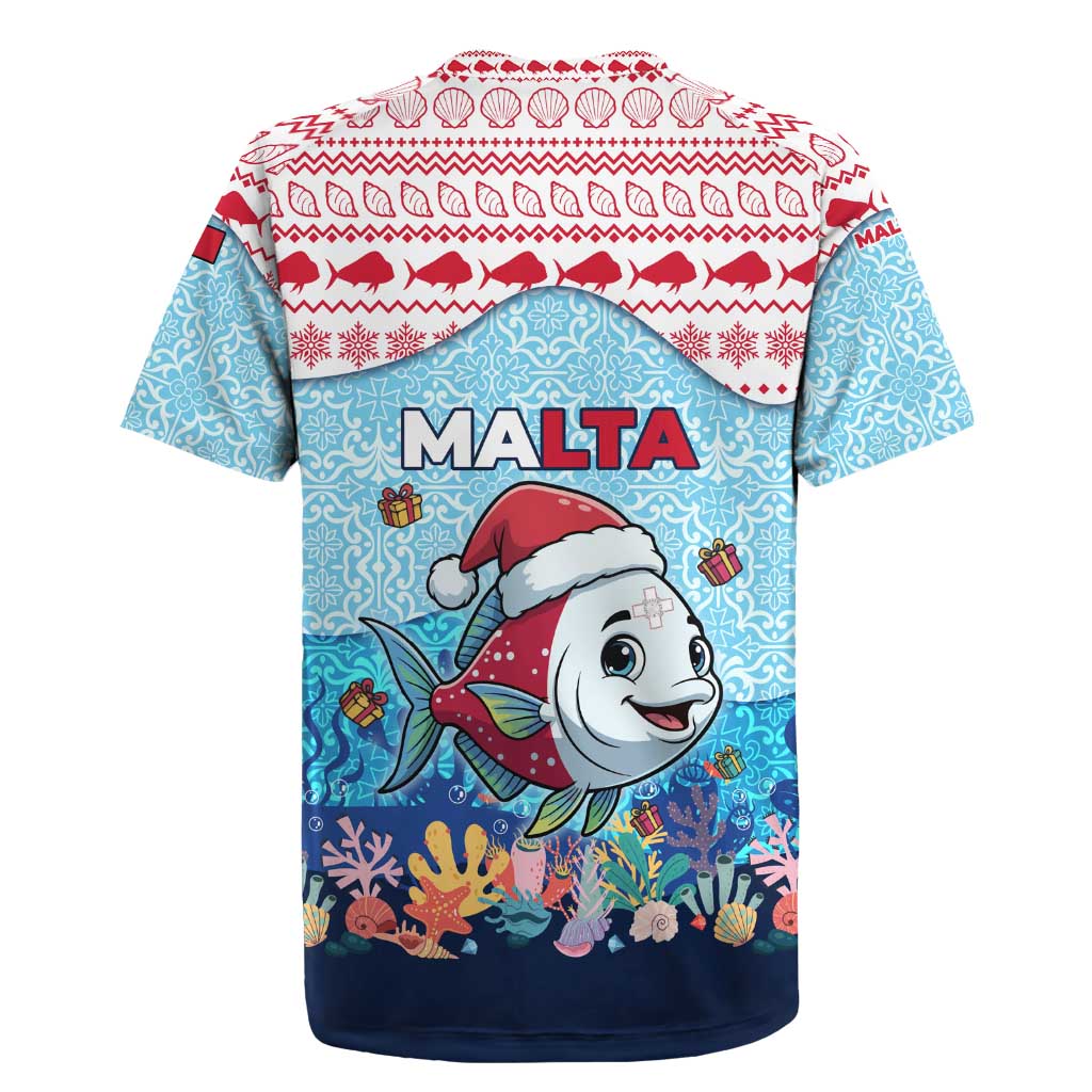 Malta Christmas Rugby Jersey with Santa Fish Malta Flag Coral Reef and Red Blue Festive Pattern Design - Wonder Print Shop