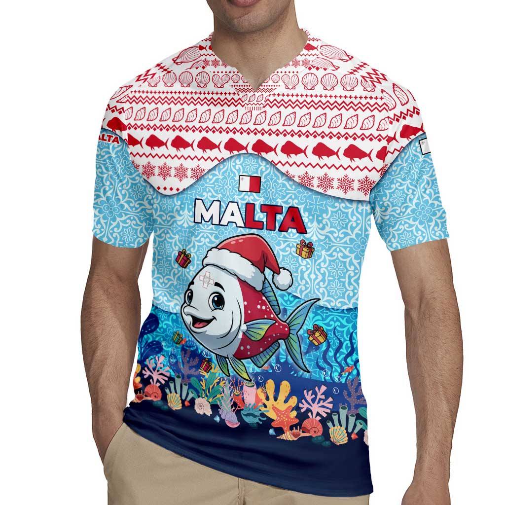 Malta Christmas Rugby Jersey with Santa Fish Malta Flag Coral Reef and Red Blue Festive Pattern Design - Wonder Print Shop