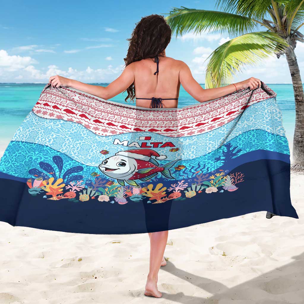 Malta Christmas Sarong with Santa Fish Malta Flag Coral Reef and Red Blue Festive Pattern Design - Wonder Print Shop