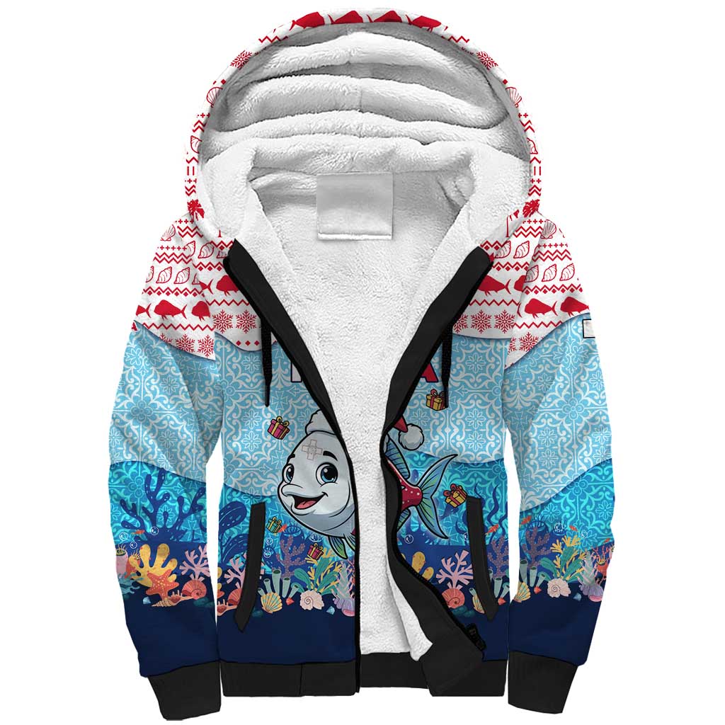Malta Christmas Sherpa Hoodie with Santa Fish Malta Flag Coral Reef and Red Blue Festive Pattern Design - Wonder Print Shop