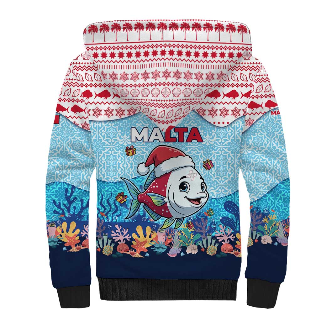Malta Christmas Sherpa Hoodie with Santa Fish Malta Flag Coral Reef and Red Blue Festive Pattern Design - Wonder Print Shop