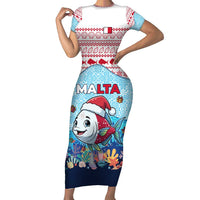 Malta Christmas Short Sleeve Bodycon Dress with Santa Fish Malta Flag Coral Reef and Red Blue Festive Pattern Design - Wonder Print Shop