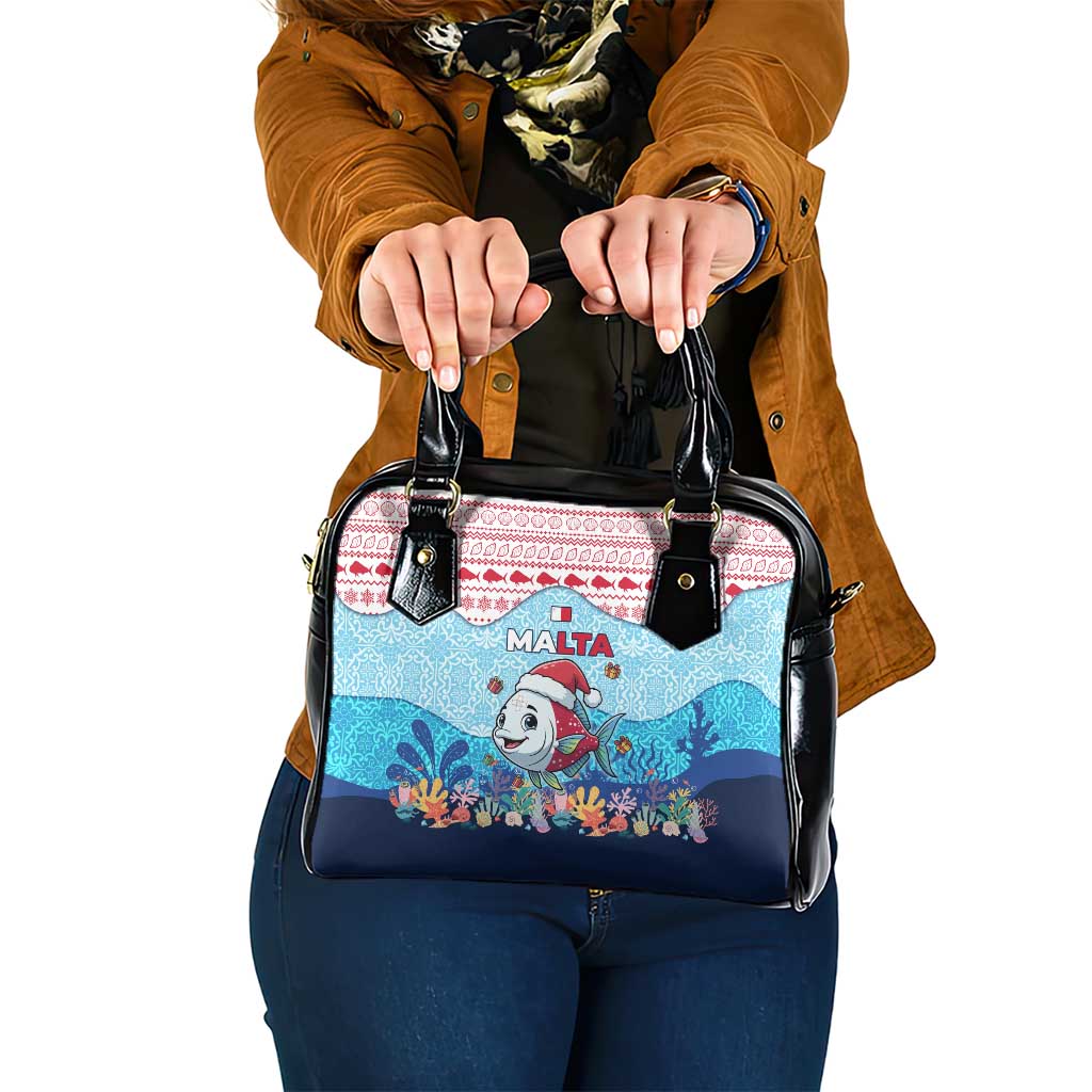 Malta Christmas Shoulder Handbag with Santa Fish Malta Flag Coral Reef and Red Blue Festive Pattern Design - Wonder Print Shop