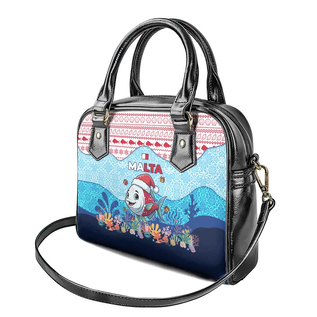 Malta Christmas Shoulder Handbag with Santa Fish Malta Flag Coral Reef and Red Blue Festive Pattern Design - Wonder Print Shop
