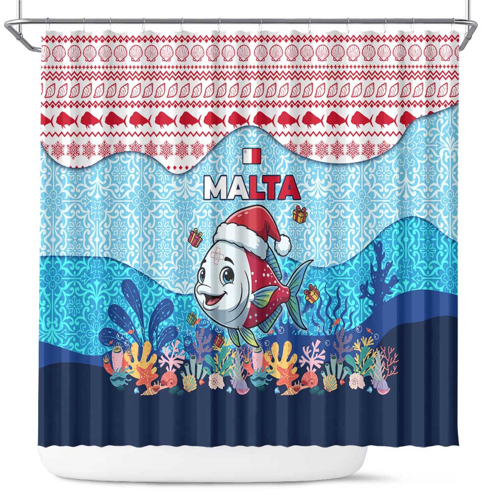 Malta Christmas Shower Curtain with Santa Fish Malta Flag Coral Reef and Red Blue Festive Pattern Design - Wonder Print Shop