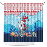 Malta Christmas Shower Curtain with Santa Fish Malta Flag Coral Reef and Red Blue Festive Pattern Design - Wonder Print Shop
