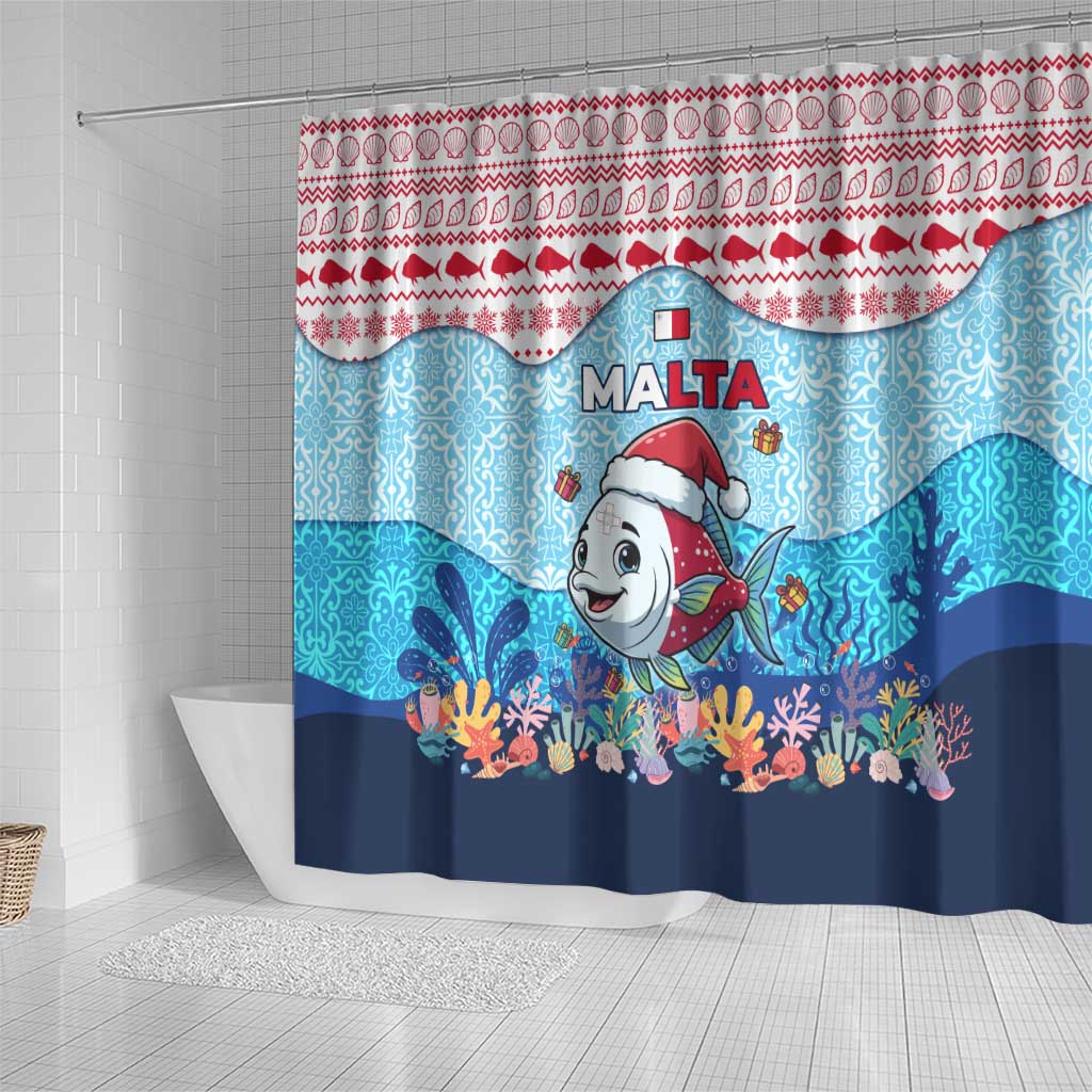 Malta Christmas Shower Curtain with Santa Fish Malta Flag Coral Reef and Red Blue Festive Pattern Design - Wonder Print Shop