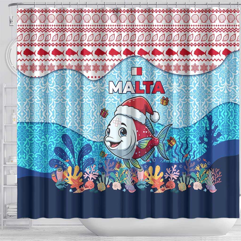 Malta Christmas Shower Curtain with Santa Fish Malta Flag Coral Reef and Red Blue Festive Pattern Design - Wonder Print Shop