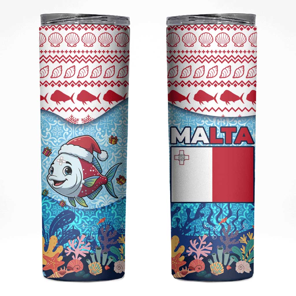 Malta Christmas Skinny Tumbler with Santa Fish Malta Flag Coral Reef and Red Blue Festive Pattern Design - Wonder Print Shop