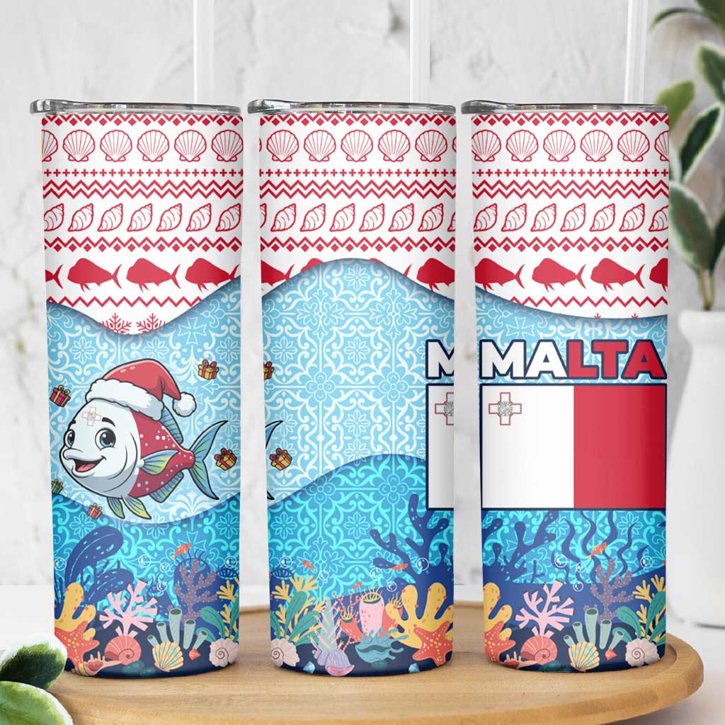 Malta Christmas Skinny Tumbler with Santa Fish Malta Flag Coral Reef and Red Blue Festive Pattern Design - Wonder Print Shop