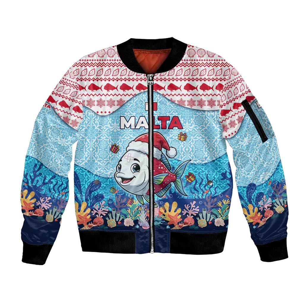 Malta Christmas Sleeve Zip Bomber Jacket with Santa Fish Malta Flag Coral Reef and Red Blue Festive Pattern Design - Wonder Print Shop