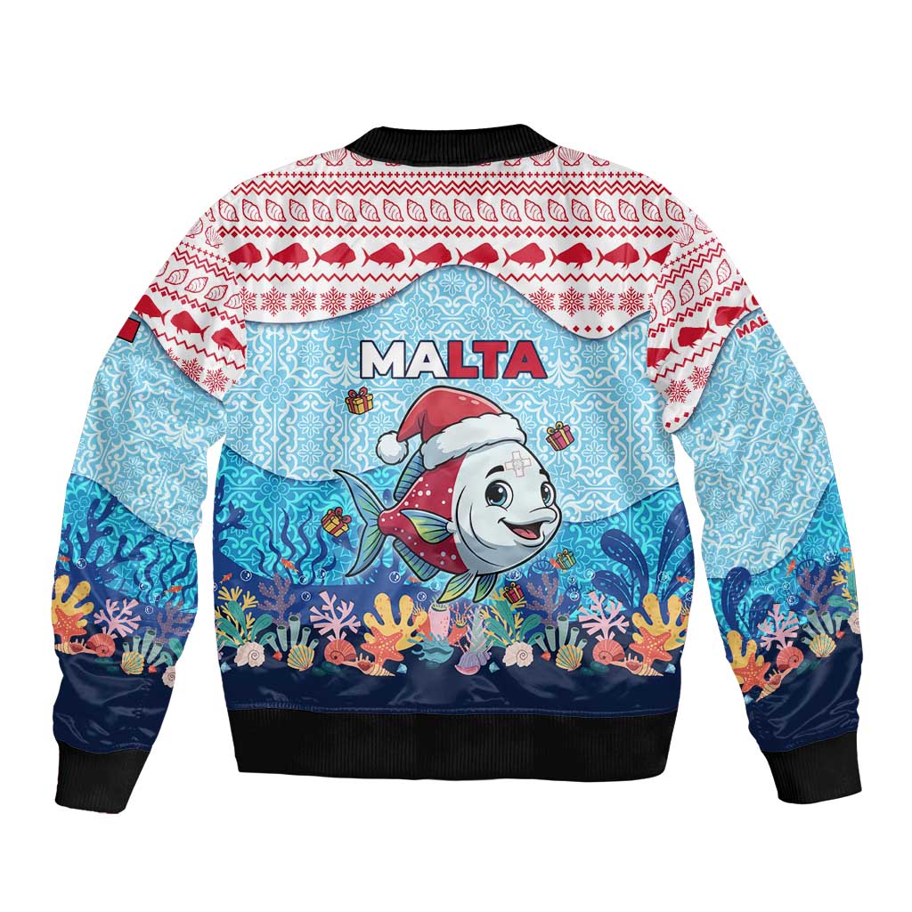 Malta Christmas Sleeve Zip Bomber Jacket with Santa Fish Malta Flag Coral Reef and Red Blue Festive Pattern Design - Wonder Print Shop