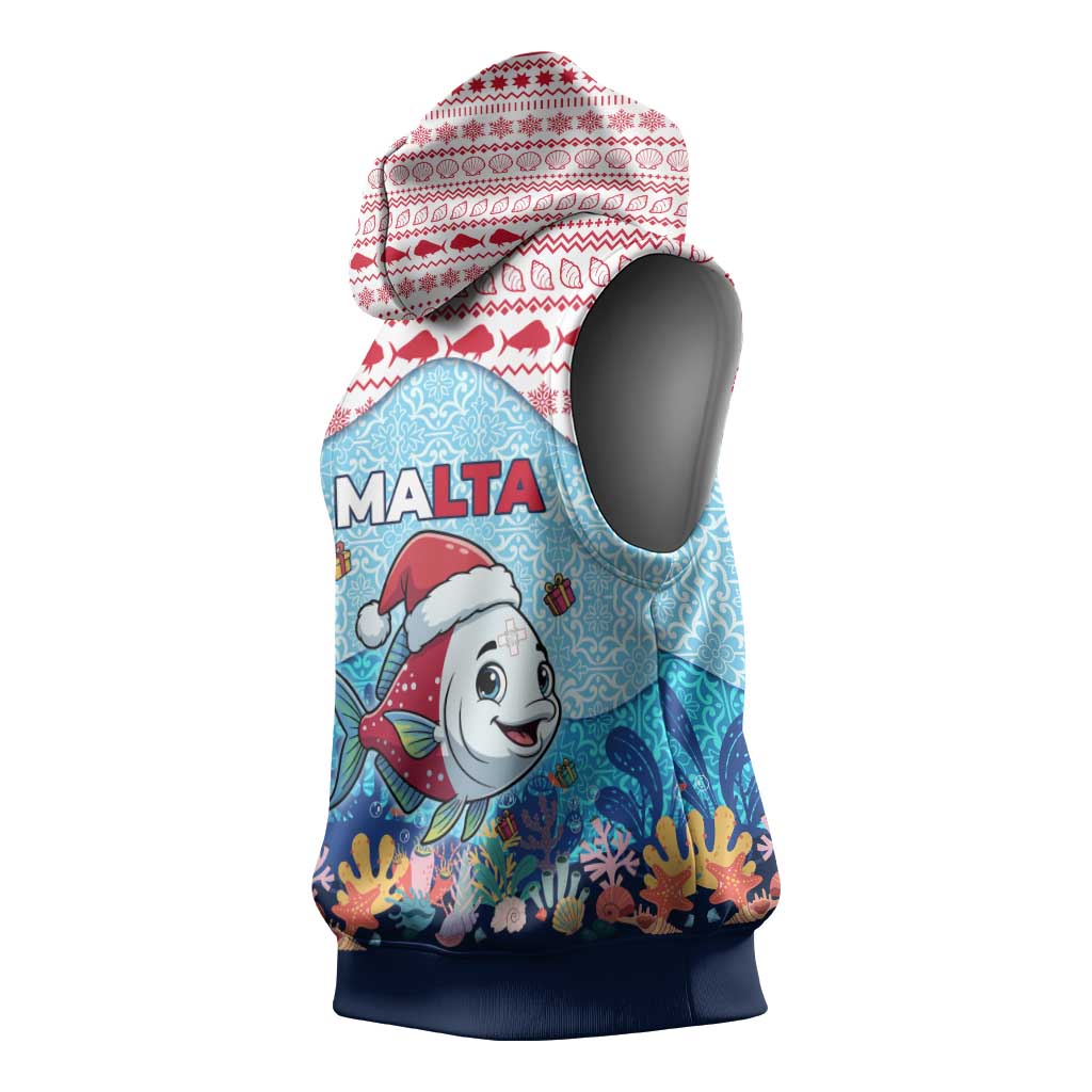 Malta Christmas Sleeveless Hoodie with Santa Fish Malta Flag Coral Reef and Red Blue Festive Pattern Design - Wonder Print Shop