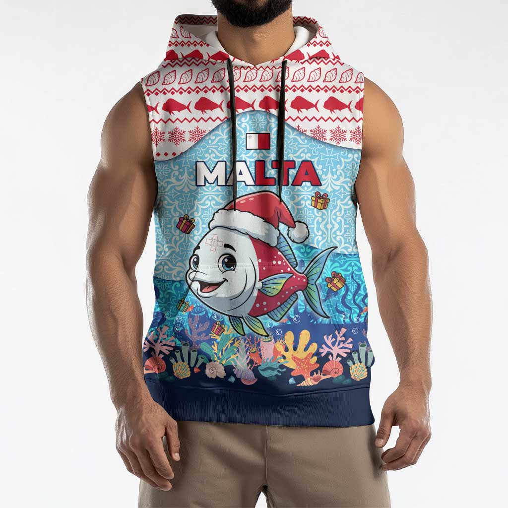 Malta Christmas Sleeveless Hoodie with Santa Fish Malta Flag Coral Reef and Red Blue Festive Pattern Design - Wonder Print Shop