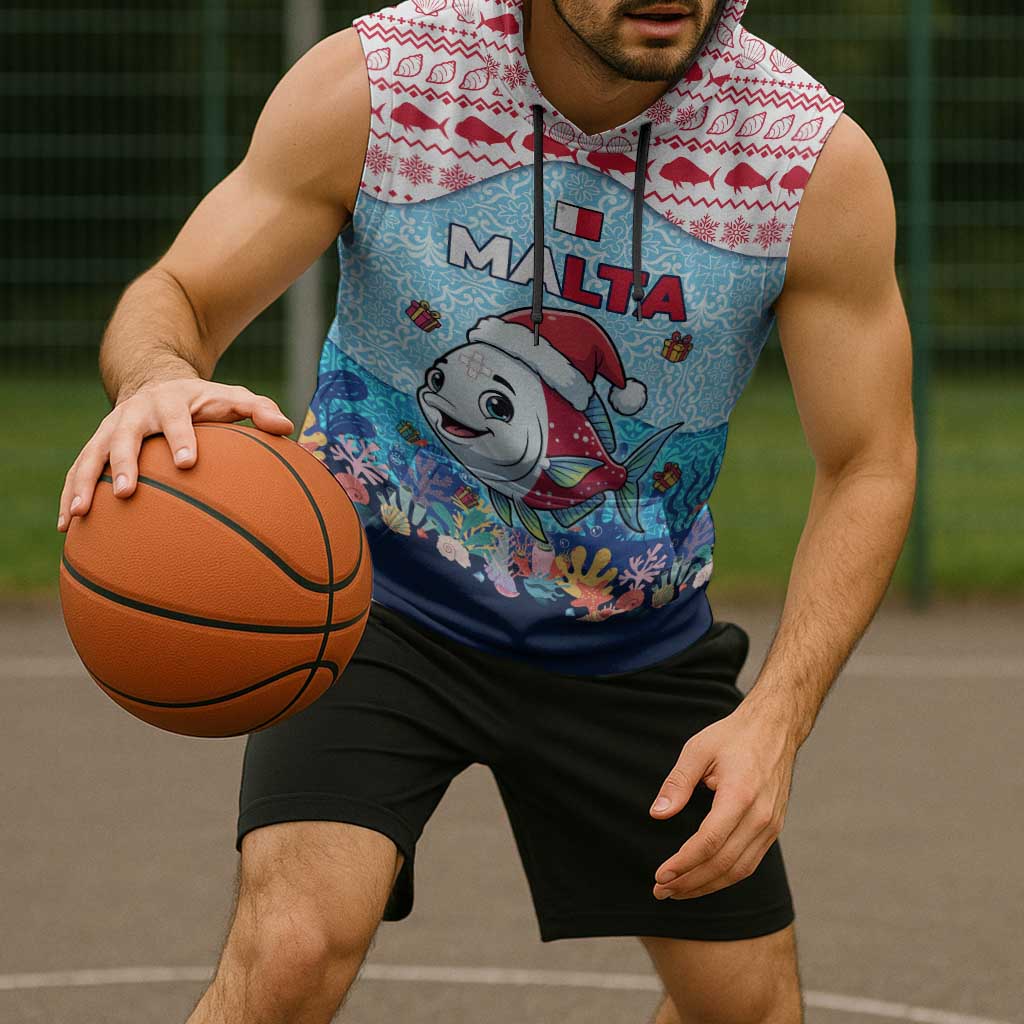Malta Christmas Sleeveless Hoodie with Santa Fish Malta Flag Coral Reef and Red Blue Festive Pattern Design - Wonder Print Shop
