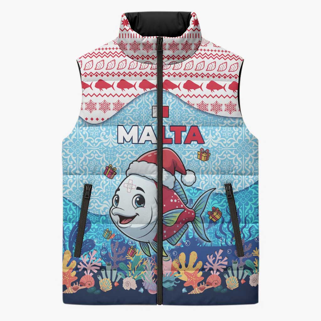 Malta Christmas Sleeveless Puffer Jacket with Santa Fish Malta Flag Coral Reef and Red Blue Festive Pattern Design - Wonder Print Shop