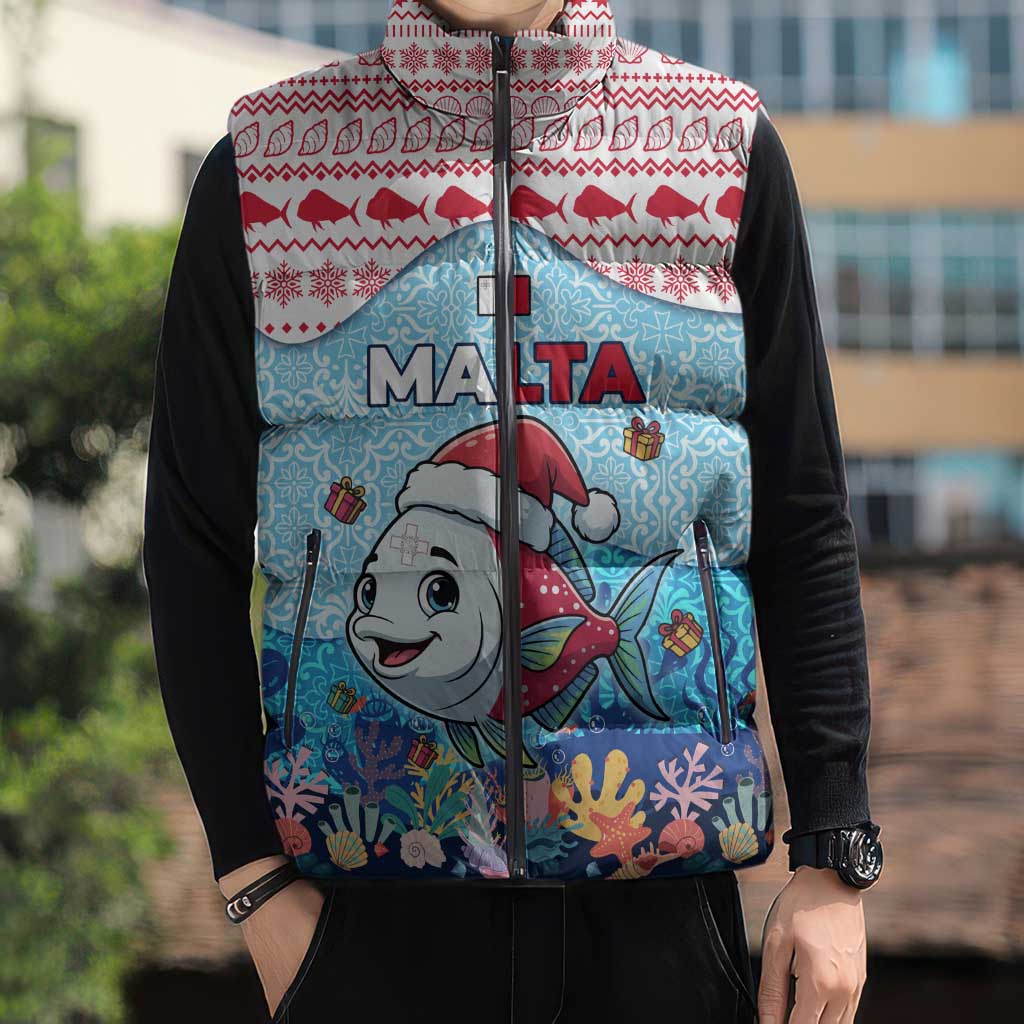 Malta Christmas Sleeveless Puffer Jacket with Santa Fish Malta Flag Coral Reef and Red Blue Festive Pattern Design - Wonder Print Shop