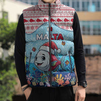 Malta Christmas Sleeveless Puffer Jacket with Santa Fish Malta Flag Coral Reef and Red Blue Festive Pattern Design - Wonder Print Shop