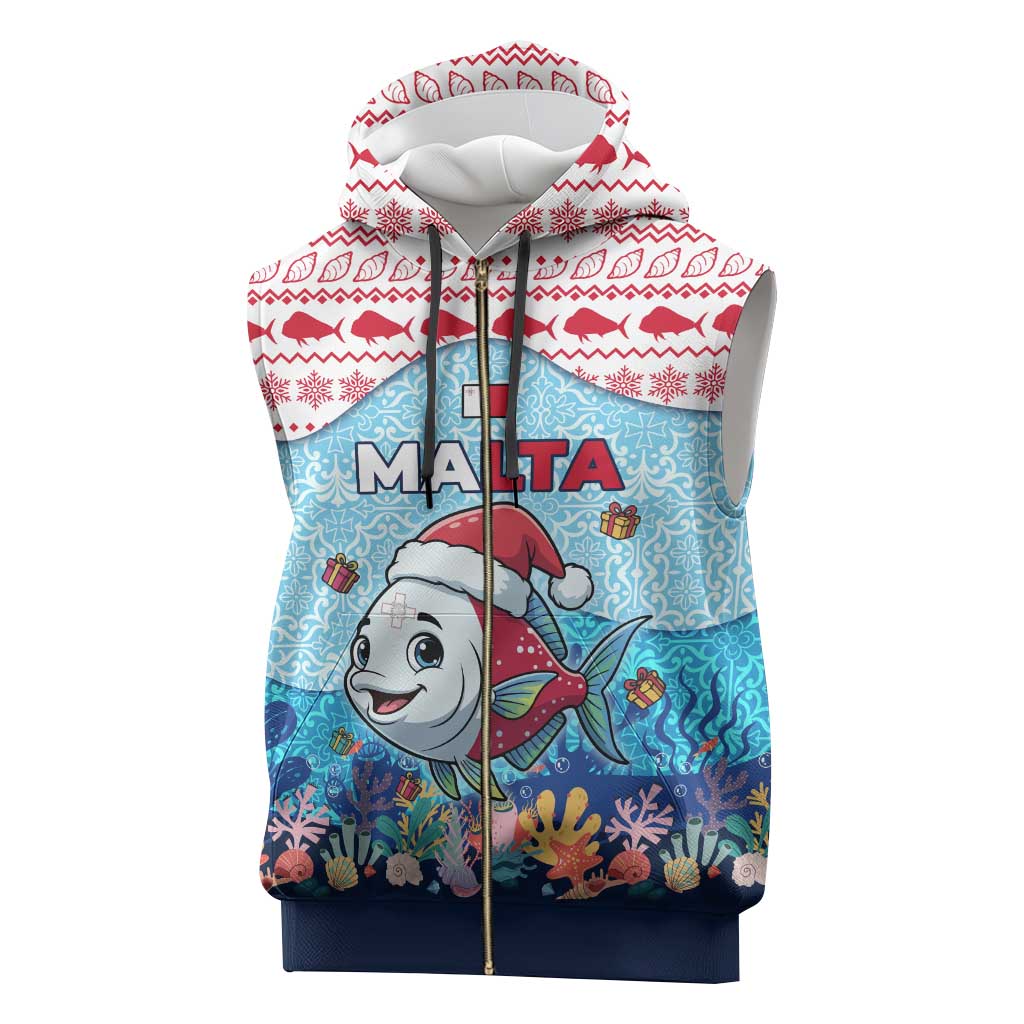 Malta Christmas Sleeveless Zip Hoodie with Santa Fish Malta Flag Coral Reef and Red Blue Festive Pattern Design - Wonder Print Shop