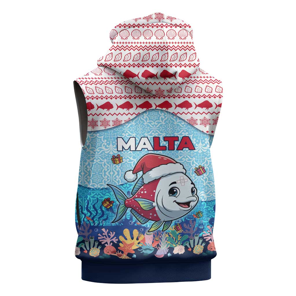 Malta Christmas Sleeveless Zip Hoodie with Santa Fish Malta Flag Coral Reef and Red Blue Festive Pattern Design - Wonder Print Shop