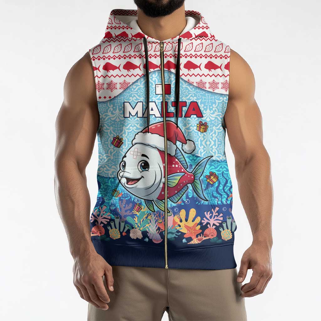 Malta Christmas Sleeveless Zip Hoodie with Santa Fish Malta Flag Coral Reef and Red Blue Festive Pattern Design - Wonder Print Shop