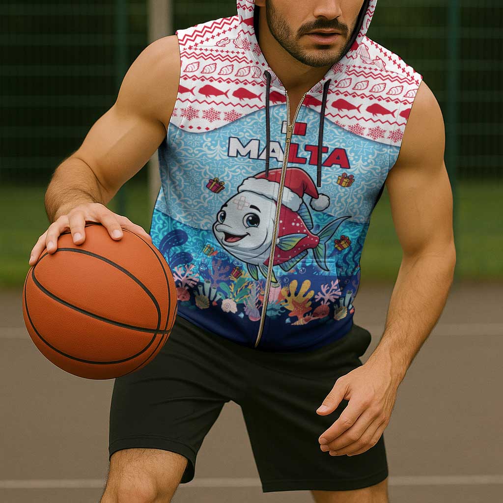 Malta Christmas Sleeveless Zip Hoodie with Santa Fish Malta Flag Coral Reef and Red Blue Festive Pattern Design - Wonder Print Shop
