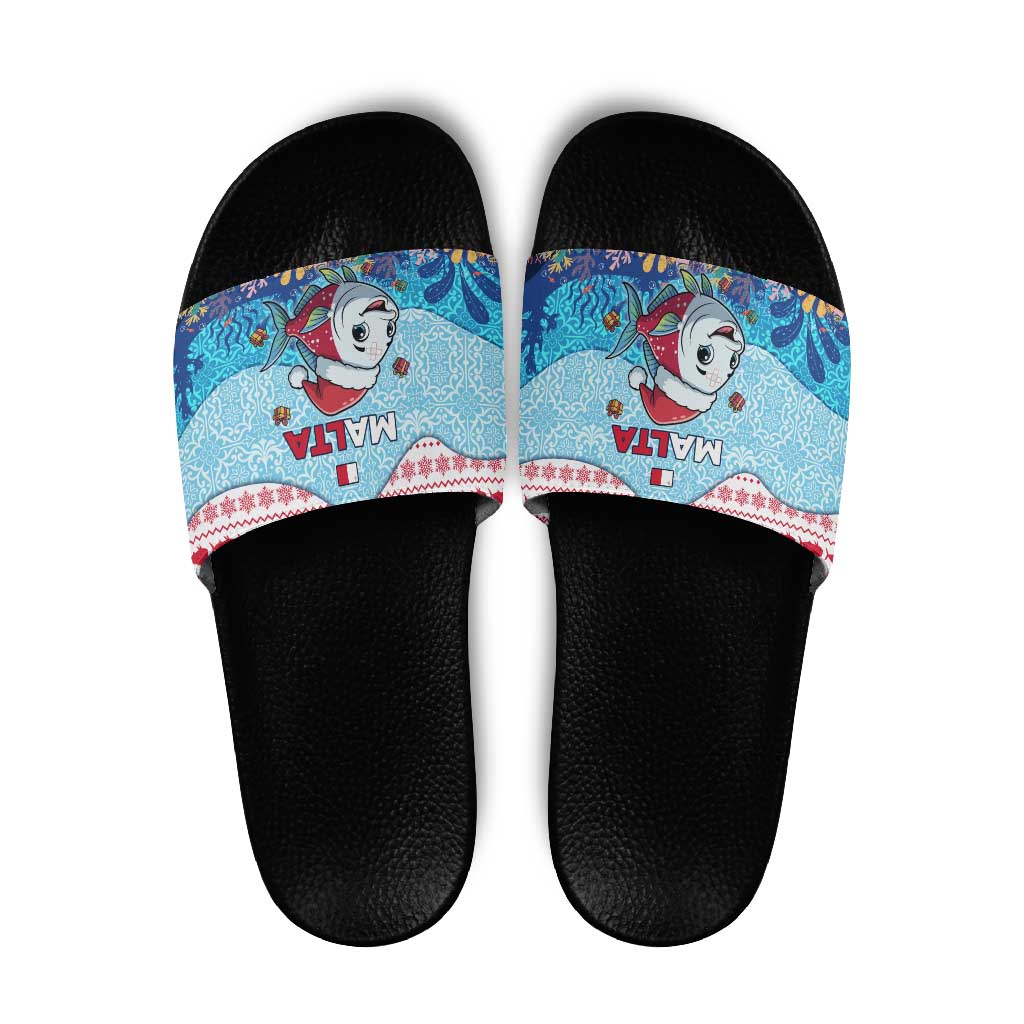 Malta Christmas Slide Sandals with Santa Fish Malta Flag Coral Reef and Red Blue Festive Pattern Design - Wonder Print Shop