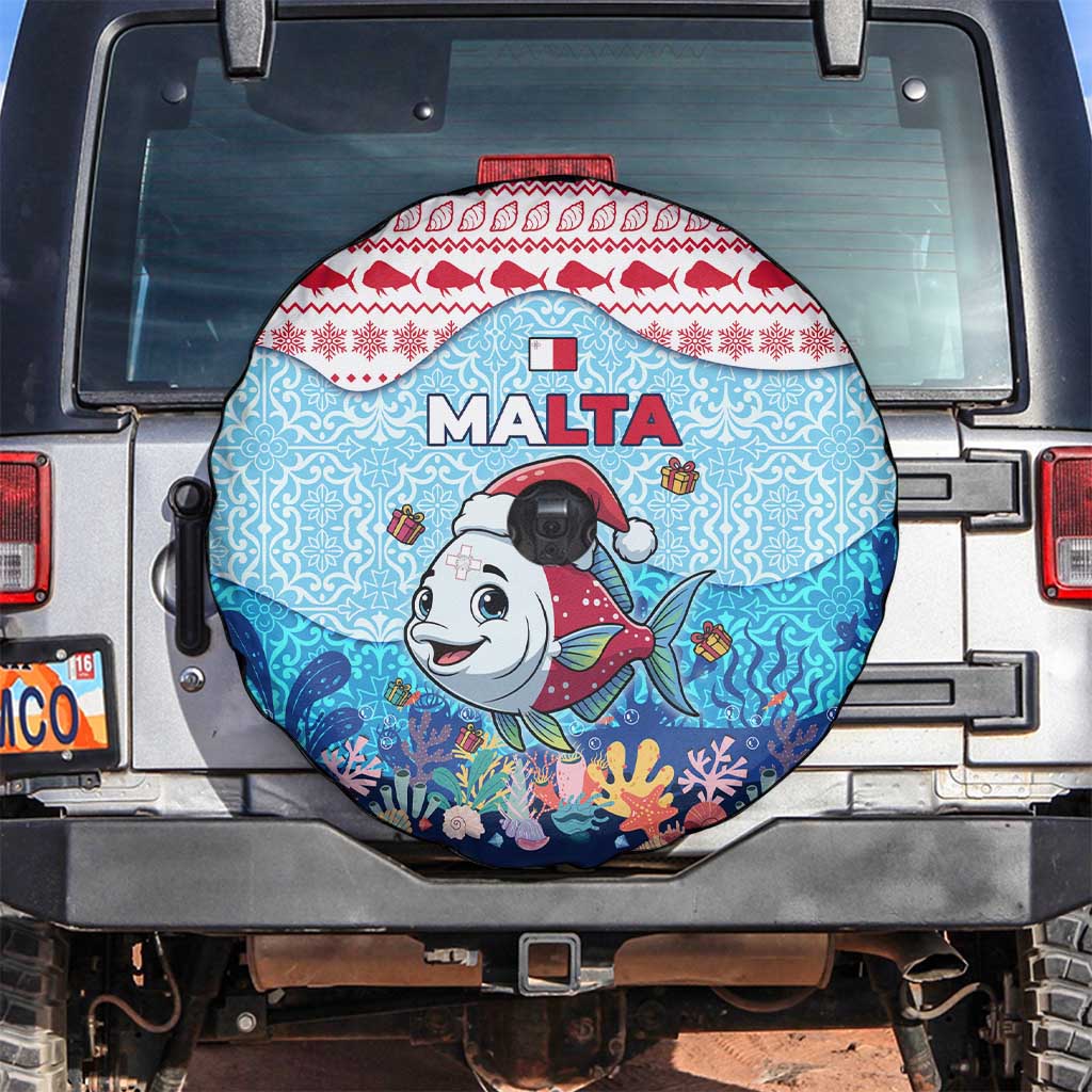 Malta Christmas Spare Tire Cover with Santa Fish Malta Flag Coral Reef and Red Blue Festive Pattern Design - Wonder Print Shop