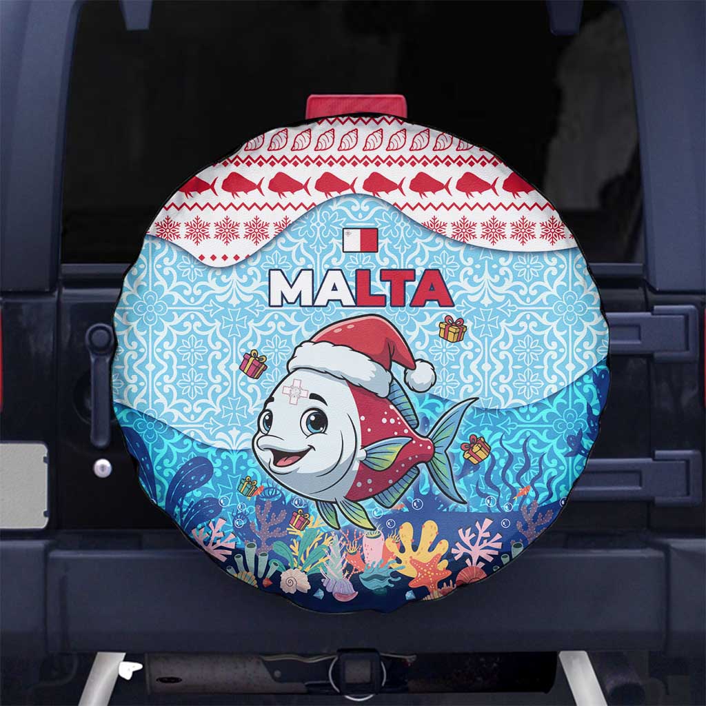 Malta Christmas Spare Tire Cover with Santa Fish Malta Flag Coral Reef and Red Blue Festive Pattern Design - Wonder Print Shop