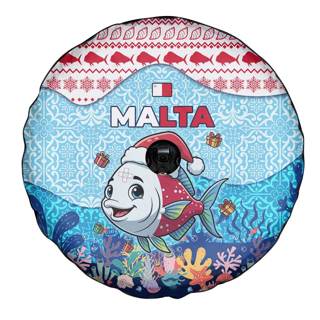 Malta Christmas Spare Tire Cover with Santa Fish Malta Flag Coral Reef and Red Blue Festive Pattern Design - Wonder Print Shop