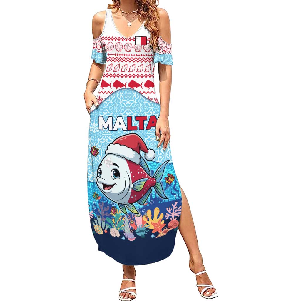 Malta Christmas Summer Maxi Dress with Santa Fish Malta Flag Coral Reef and Red Blue Festive Pattern Design - Wonder Print Shop