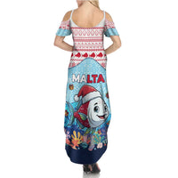 Malta Christmas Summer Maxi Dress with Santa Fish Malta Flag Coral Reef and Red Blue Festive Pattern Design - Wonder Print Shop