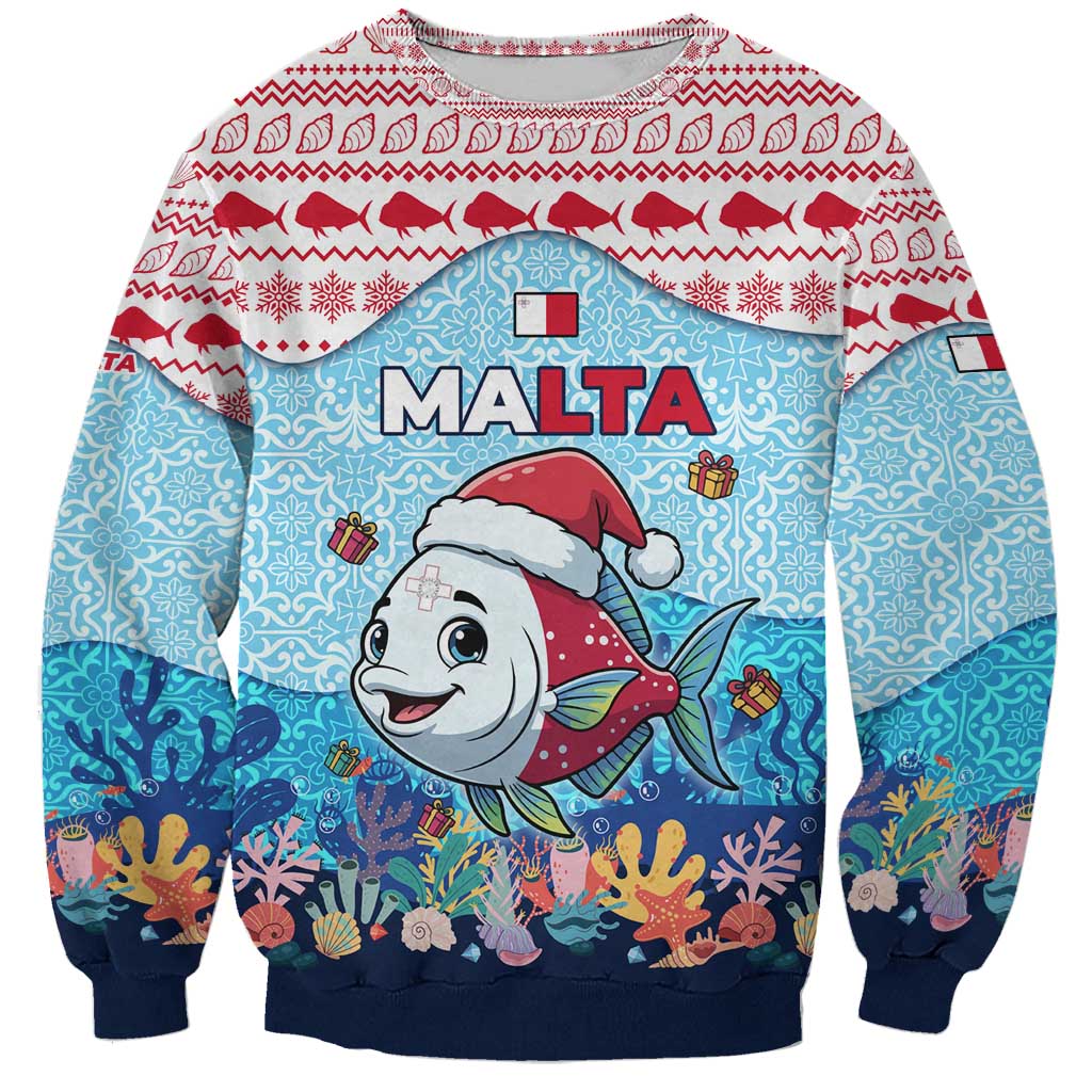Malta Christmas Sweatshirt with Santa Fish Malta Flag Coral Reef and Red Blue Festive Pattern Design - Wonder Print Shop