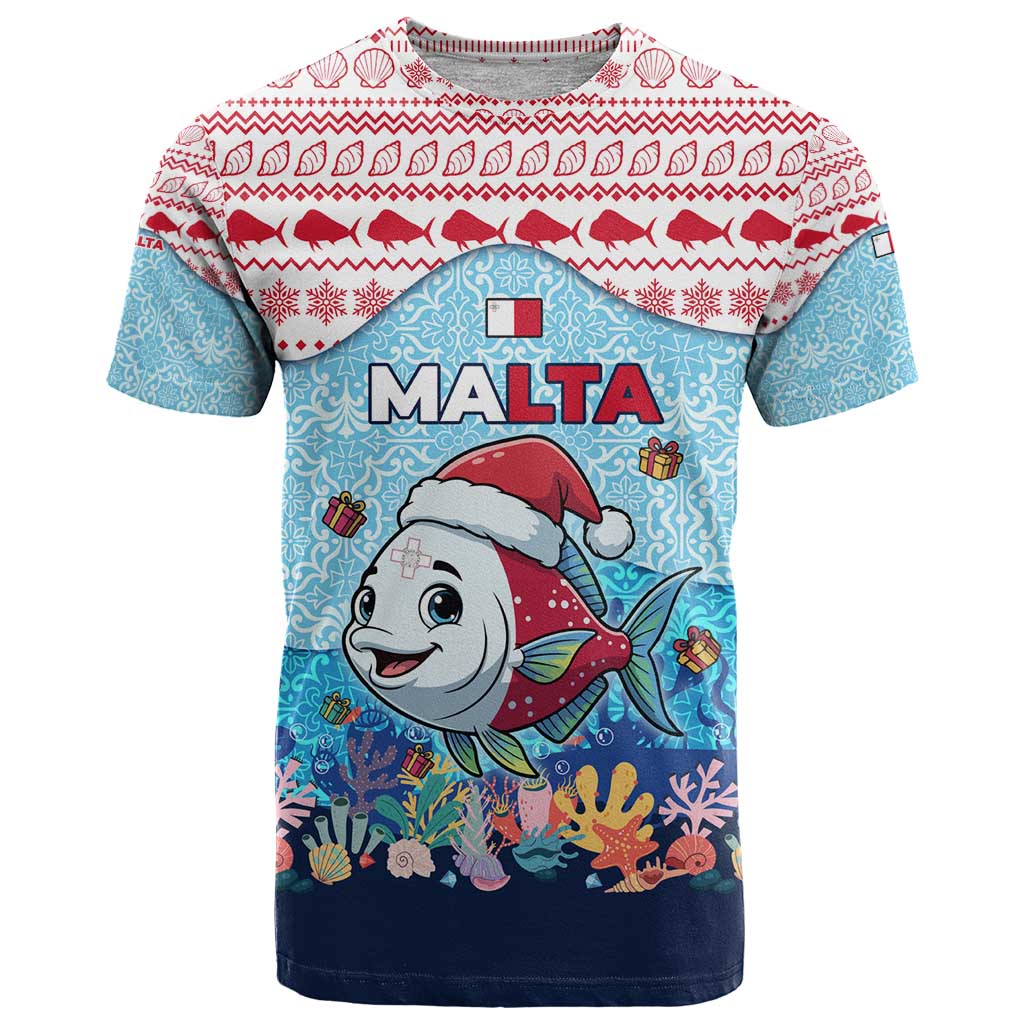Malta Christmas T Shirt with Santa Fish Malta Flag Coral Reef and Red Blue Festive Pattern Design - Wonder Print Shop