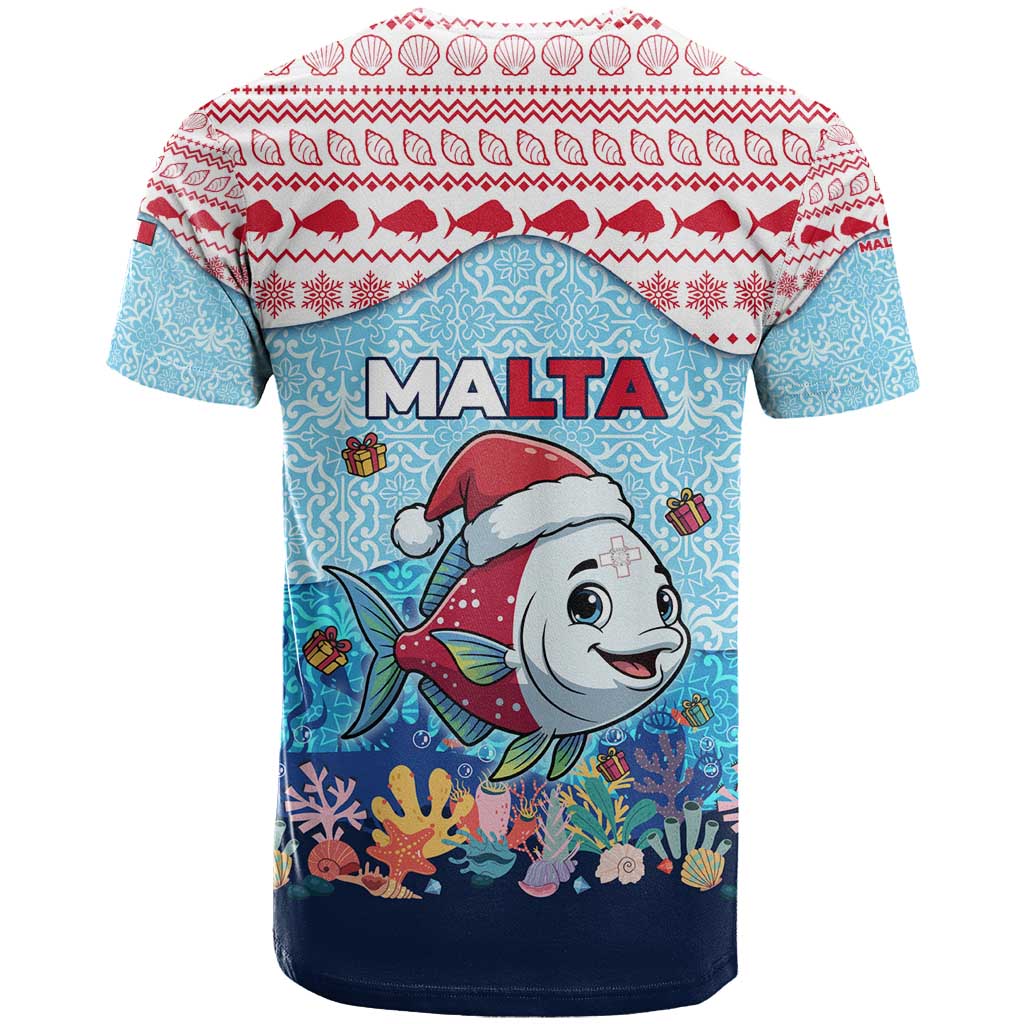 Malta Christmas T Shirt with Santa Fish Malta Flag Coral Reef and Red Blue Festive Pattern Design - Wonder Print Shop