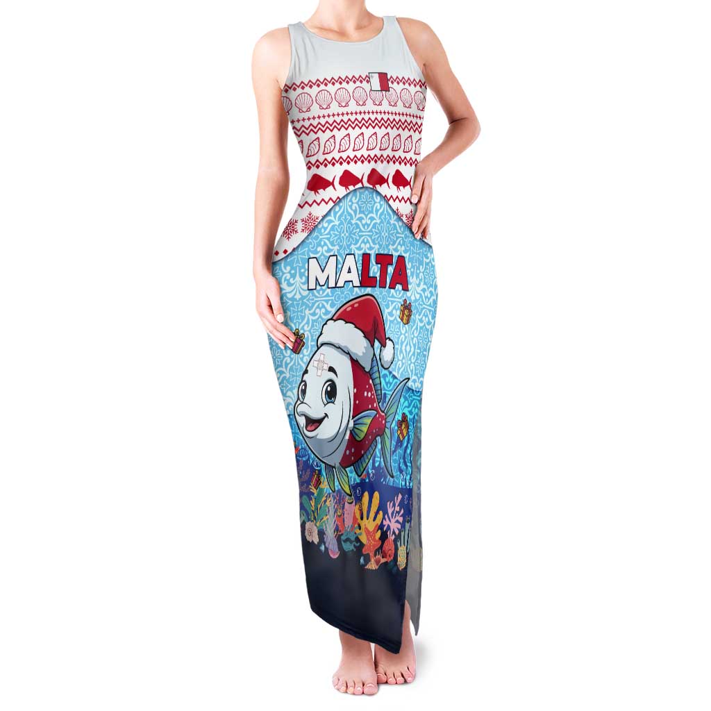 Malta Christmas Tank Maxi Dress with Santa Fish Malta Flag Coral Reef and Red Blue Festive Pattern Design - Wonder Print Shop