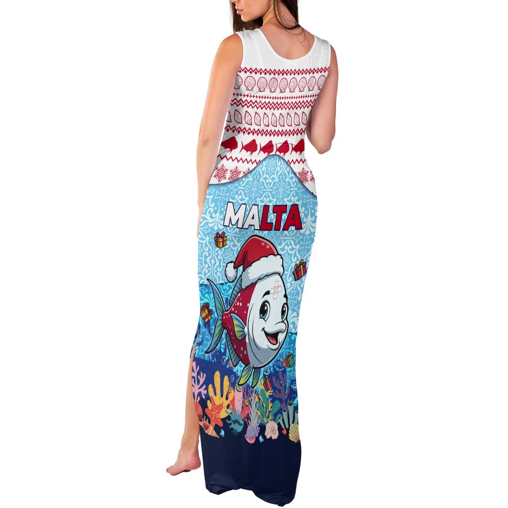 Malta Christmas Tank Maxi Dress with Santa Fish Malta Flag Coral Reef and Red Blue Festive Pattern Design - Wonder Print Shop