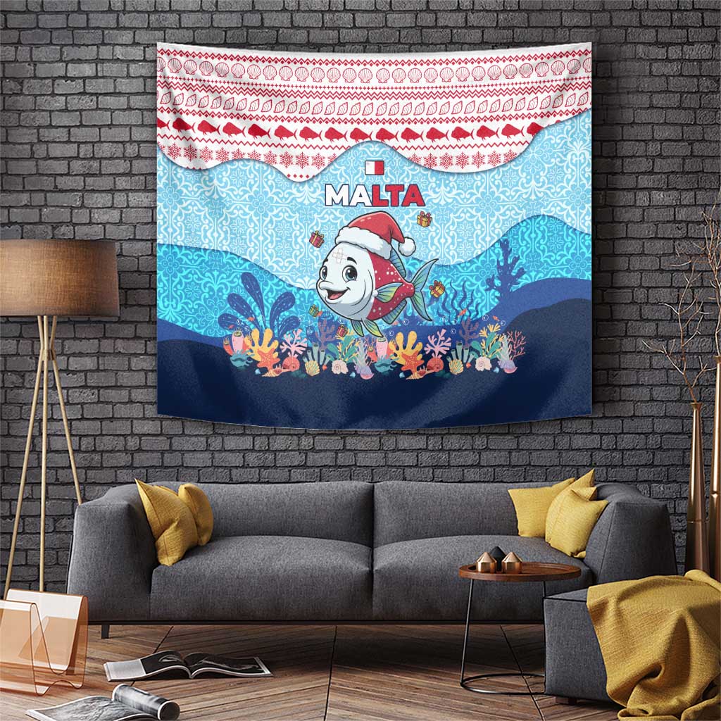 Malta Christmas Tapestry with Santa Fish Malta Flag Coral Reef and Red Blue Festive Pattern Design - Wonder Print Shop