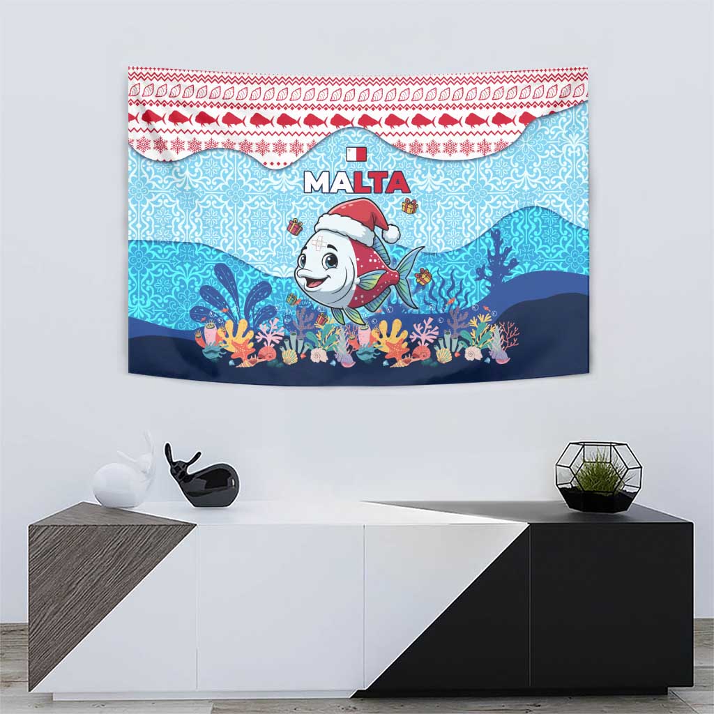Malta Christmas Tapestry with Santa Fish Malta Flag Coral Reef and Red Blue Festive Pattern Design - Wonder Print Shop