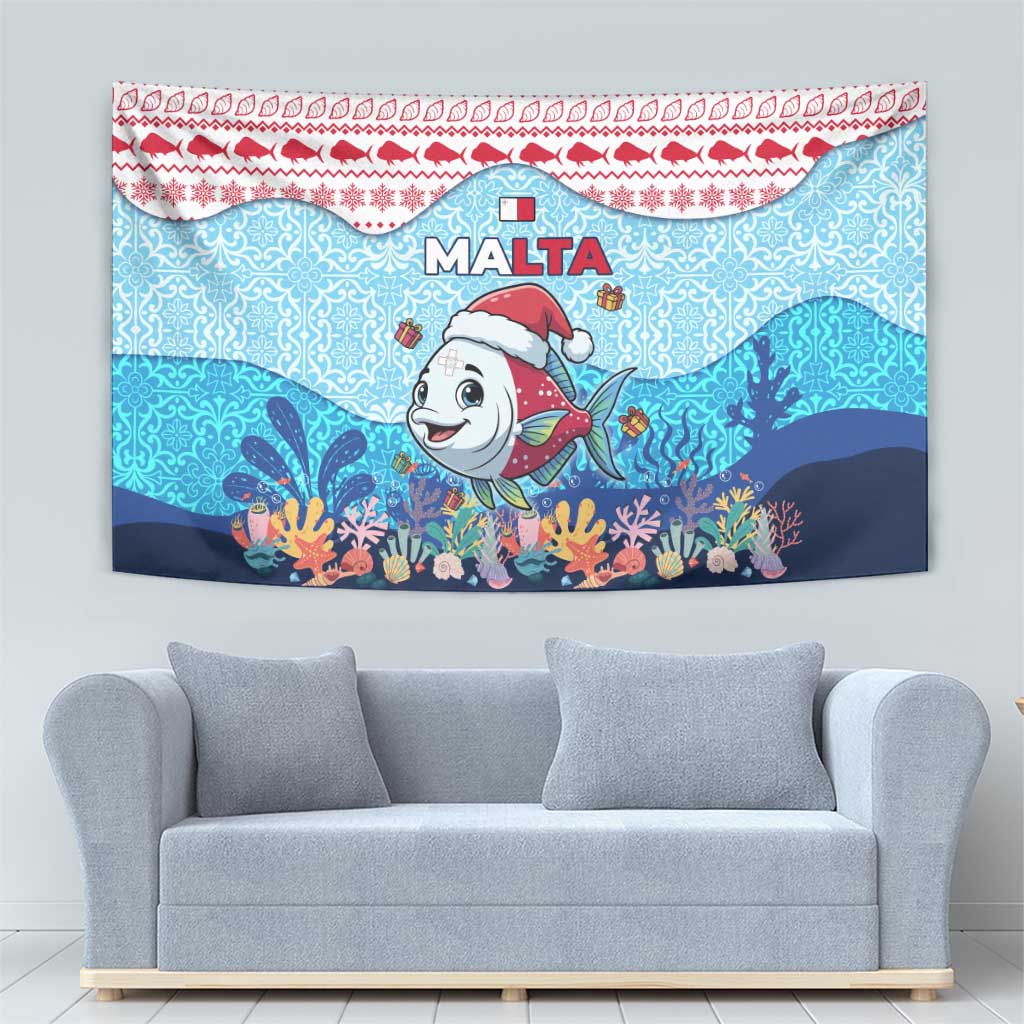 Malta Christmas Tapestry with Santa Fish Malta Flag Coral Reef and Red Blue Festive Pattern Design - Wonder Print Shop