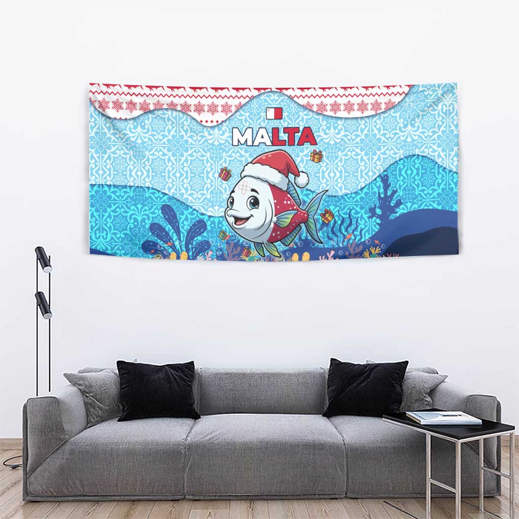 Malta Christmas Tapestry with Santa Fish Malta Flag Coral Reef and Red Blue Festive Pattern Design - Wonder Print Shop