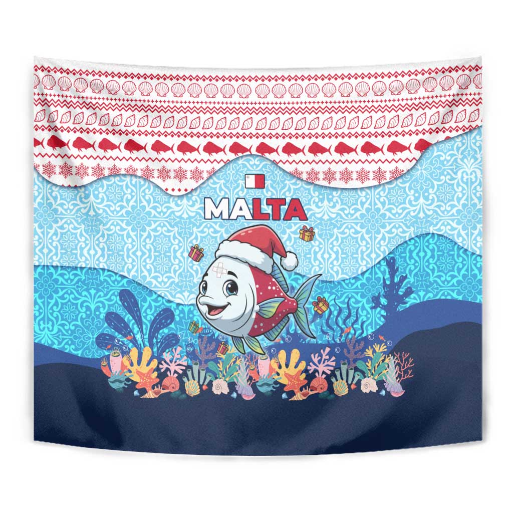 Malta Christmas Tapestry with Santa Fish Malta Flag Coral Reef and Red Blue Festive Pattern Design - Wonder Print Shop